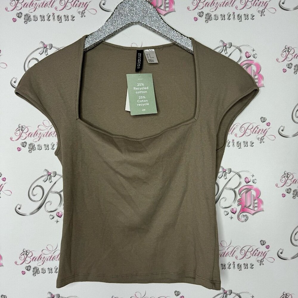 Divided tshirt ribbed square neckline brown taupe grey stretchy new with tags
